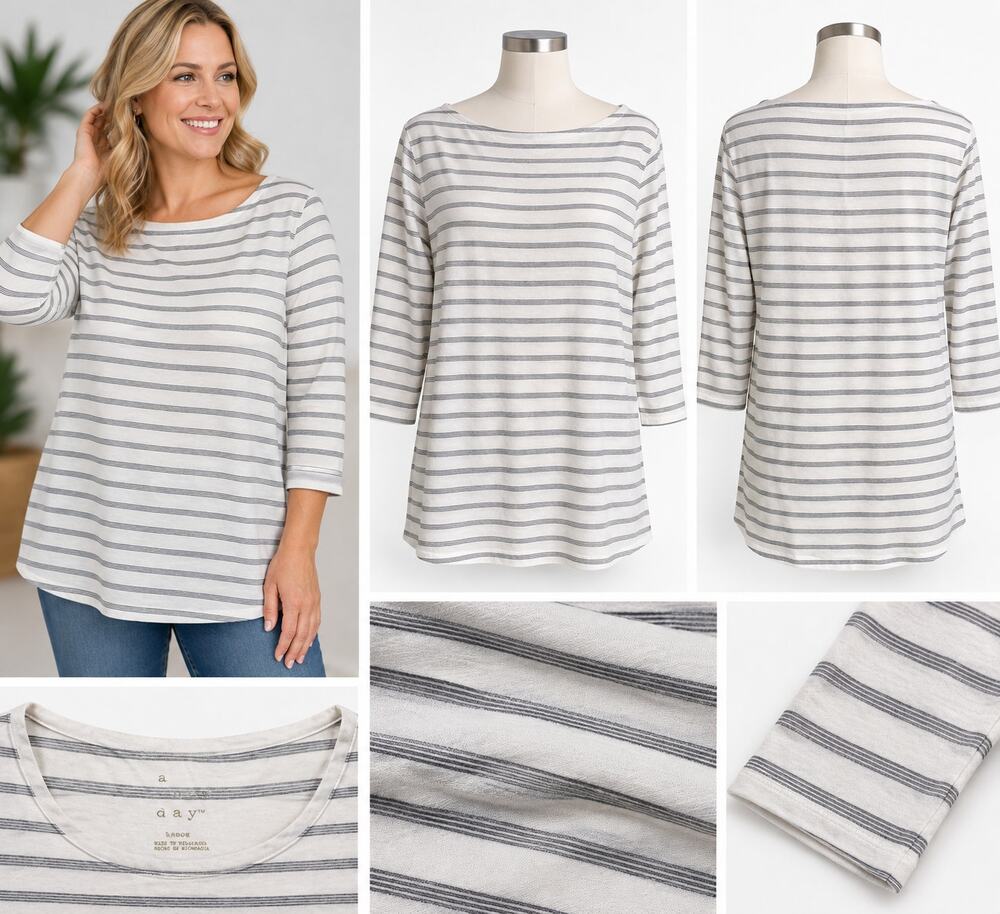 A New Day Women’s White & Gray Striped 3/4 Sleeve Tunic Top